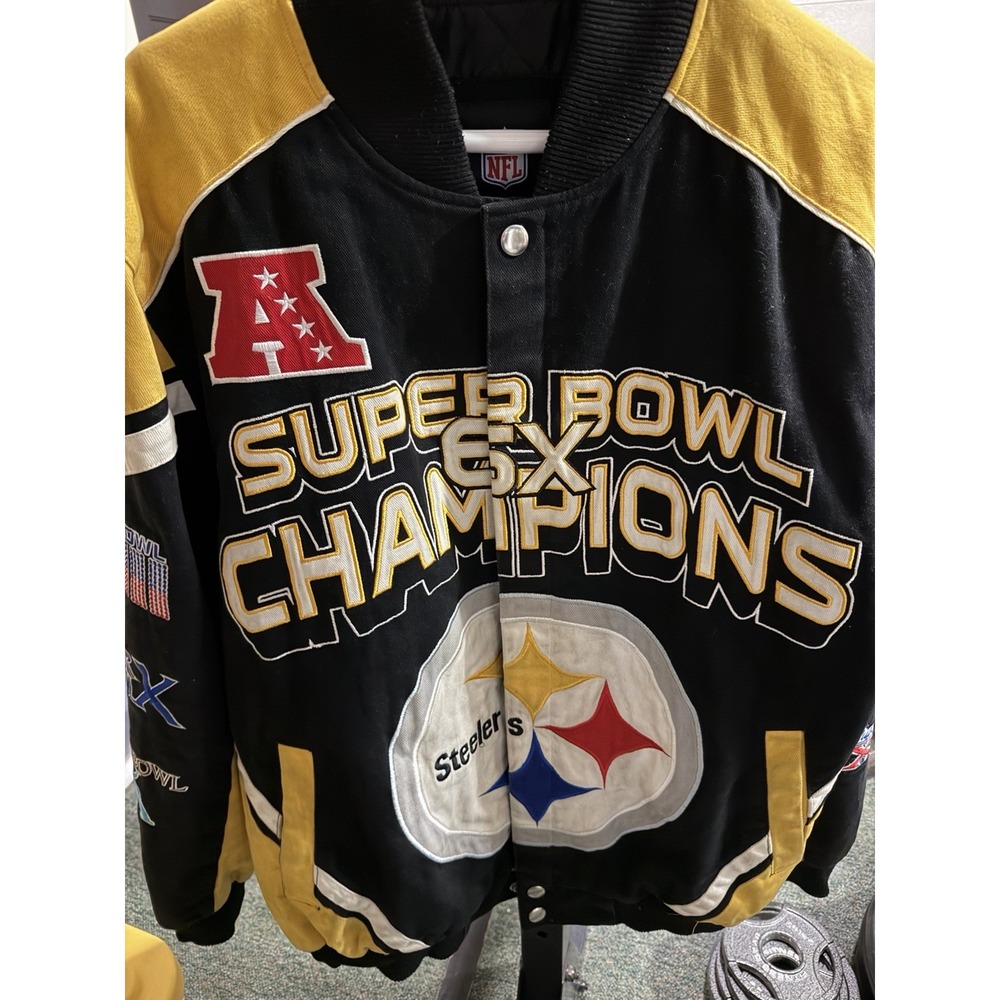 NFL Steelers XL Black Embroidered Cotton 6-Time Super Bowl Champions Jacket Snap